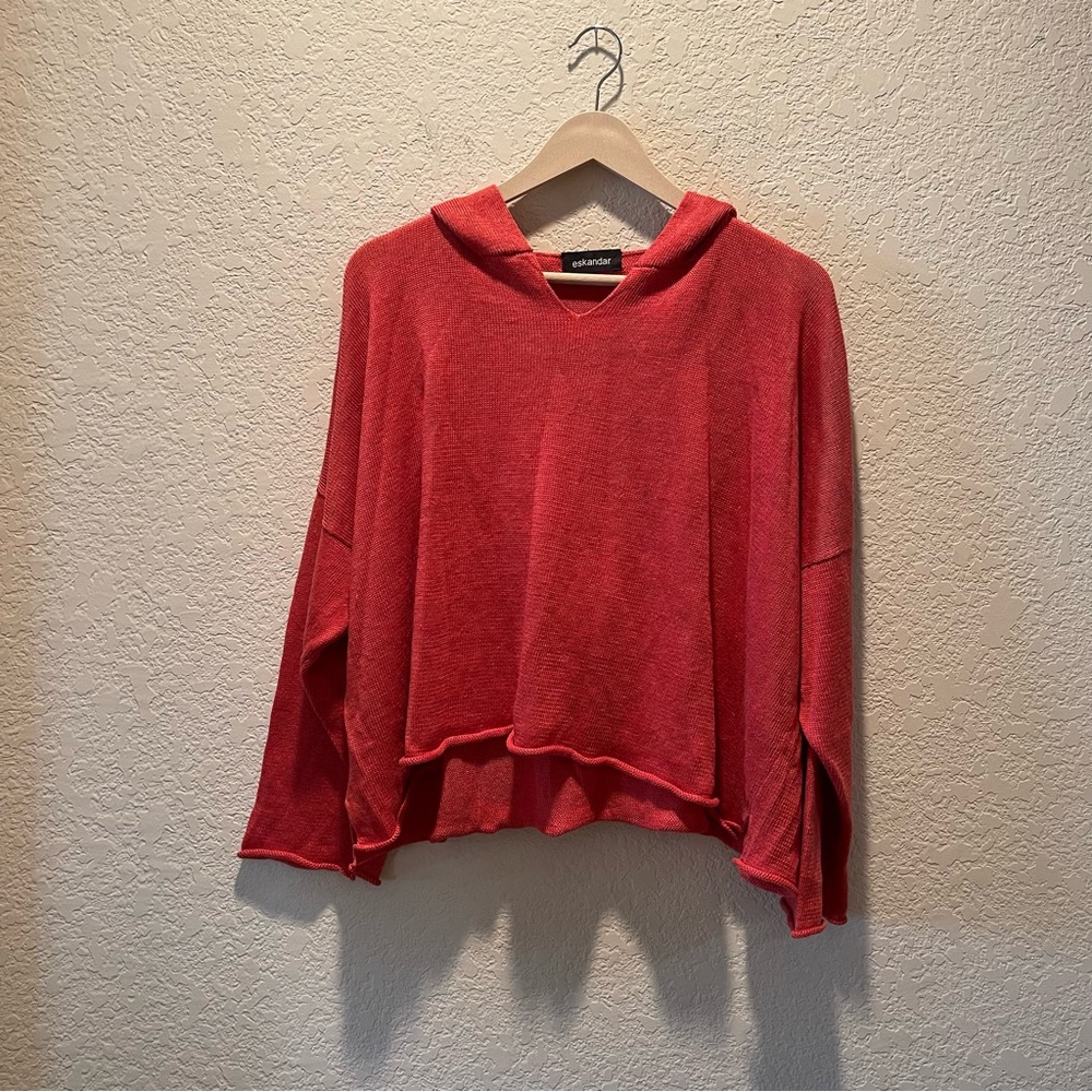 Eskandar 100% linen burnt orange hooded rolled hem oversized pullover